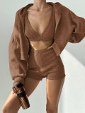 Solid Color Knits Hooded Short 3 Piece Set GPKJ-KJ07976