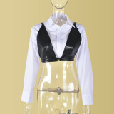 Long Sleeve PU Wrap Chest Short Shirt GBTF-31587THY