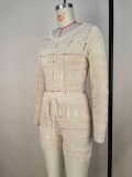 Long Sleeve Hollow Out Two Piece Shorts Set MDF-5523