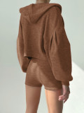 Solid Color Knits Hooded Short 3 Piece Set GPKJ-KJ07976