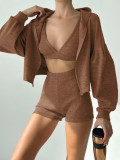 Solid Color Knits Hooded Short 3 Piece Set GPKJ-KJ07976