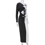 Contrast Color Single Shoulder Long Sleeve Maxi Dress GBTF-11249DHR