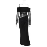 One Shoulder Mesh Hollow Out Maxi Dress FL-JY24308DGO