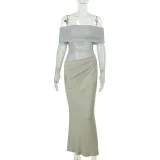 One Shoulder Mesh Hollow Out Maxi Dress FL-JY24308DGO