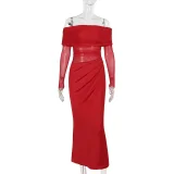 One Shoulder Mesh Hollow Out Maxi Dress FL-JY24308DGO