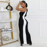 Contrast Color Single Shoulder Long Sleeve Maxi Dress GBTF-11249DHR