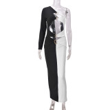 Contrast Color Single Shoulder Long Sleeve Maxi Dress GBTF-11249DHR