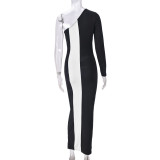 Contrast Color Single Shoulder Long Sleeve Maxi Dress GBTF-11249DHR