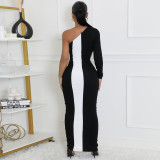 Contrast Color Single Shoulder Long Sleeve Maxi Dress GBTF-11249DHR
