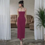 Solid Color Sling Hollow Out Maxi Dress FL-YJ23436PF