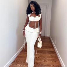 Solid Color Bandage Tops Two Piece Skirts Set GBTF-32255SHY