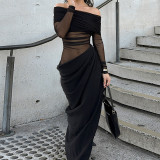 One Shoulder Mesh Hollow Out Maxi Dress FL-JY24308DGO