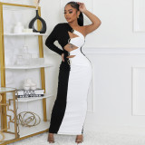 Contrast Color Single Shoulder Long Sleeve Maxi Dress GBTF-11249DHR