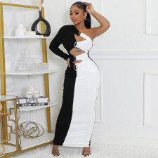 Contrast Color Single Shoulder Long Sleeve Maxi Dress GBTF-11249DHR