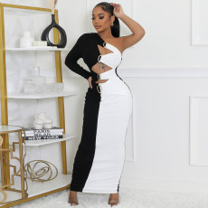 Contrast Color Single Shoulder Long Sleeve Maxi Dress GBTF-11249DHR