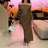 One Shoulder Mesh Hollow Out Maxi Dress FL-JY24308DGO