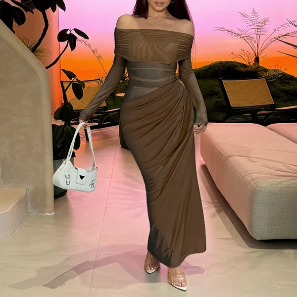 One Shoulder Mesh Hollow Out Maxi Dress FL-JY24308DGO