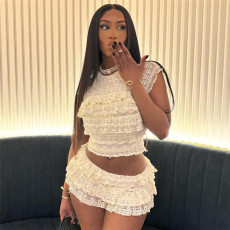Solid Color Hollow Out Pleated Shorts Suit GZJQ-K24S48539