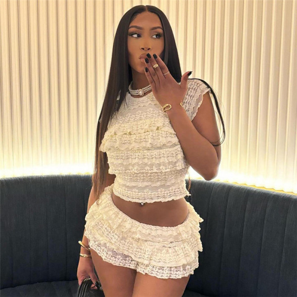 Solid Color Hollow Out Pleated Shorts Suit GZJQ-K24S48539