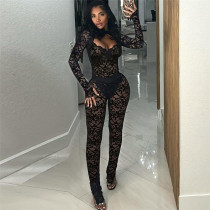 Lace Hollow Out Bodysuit Tight Two Piece Pants Set GZJQ-K24S57803