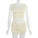 Solid Color Hollow Out Pleated Shorts Suit GZJQ-K24S48539