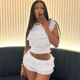Solid Color Hollow Out Pleated Shorts Suit GZJQ-K24S48539