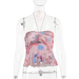 Fashion Print Halterneck Pleated Tops FL-YJ23667DG