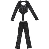 Lace Hollow Out Bodysuit Tight Two Piece Pants Set GZJQ-K24S57803