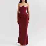 Tube Top Press Pleated Maxi Dress FL-XY23566DG