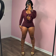 Deep V Neck Solid Color Long Sleeve Romper GZJQ-K24Q62136