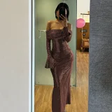 One Shoulder Long Sleeve Maxi Dress FL-YY23592SK