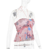 Fashion Print Halterneck Pleated Tops FL-YJ23667DG