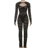 Lace Hollow Out Bodysuit Tight Two Piece Pants Set GZJQ-K24S57803