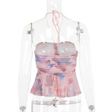 Fashion Print Halterneck Pleated Tops FL-YJ23667DG