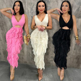 Solid Color Hollow Out Ruffles Midi Dress CYA-901909