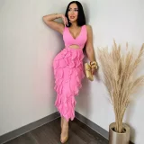 Solid Color Hollow Out Ruffles Midi Dress CYA-901909