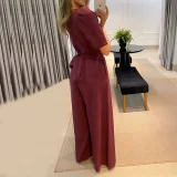 V-neck Tie-up Bubble Short-sleeve Loose Jumpsuit GCNE-8712
