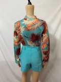 Print Long Sleevel Shirt Two Piece Shorts Set GCNE-888
