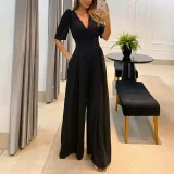V-neck Tie-up Bubble Short-sleeve Loose Jumpsuit GCNE-8712