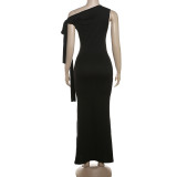 Solid Color Slash Shoulder Maxi Dress DLSF-K24D45400