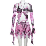 Flare Sleeve Butterfly Print Tassel Three Piece Skirts Set DLSF-K23S33256