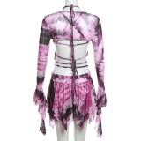 Flare Sleeve Butterfly Print Tassel Three Piece Skirts Set DLSF-K23S33256