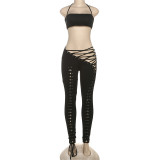 Tie Up Halterneck Vest Bandage Pants Suit DLSF-K24S77149