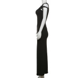 Slash Shoulder Solid Color Slim Maxi Dress DLSF-K24D43826