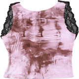 Sleeveless Patchwork Backless Print Lace Tops DLSF-K24B51052