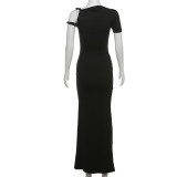 Slash Shoulder Solid Color Slim Maxi Dress DLSF-K24D43826