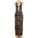Halterneck Tie Up Leopard Print Maxi Dress DLSF-K24D50823