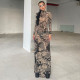 Mesh Print See Through Long Sleeve Maxi Dress DLSF-K23D33779