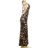Halterneck Tie Up Leopard Print Maxi Dress DLSF-K24D50823