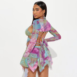 Flare Sleeve Butterfly Print Tassel Three Piece Skirts Set DLSF-K23S33256